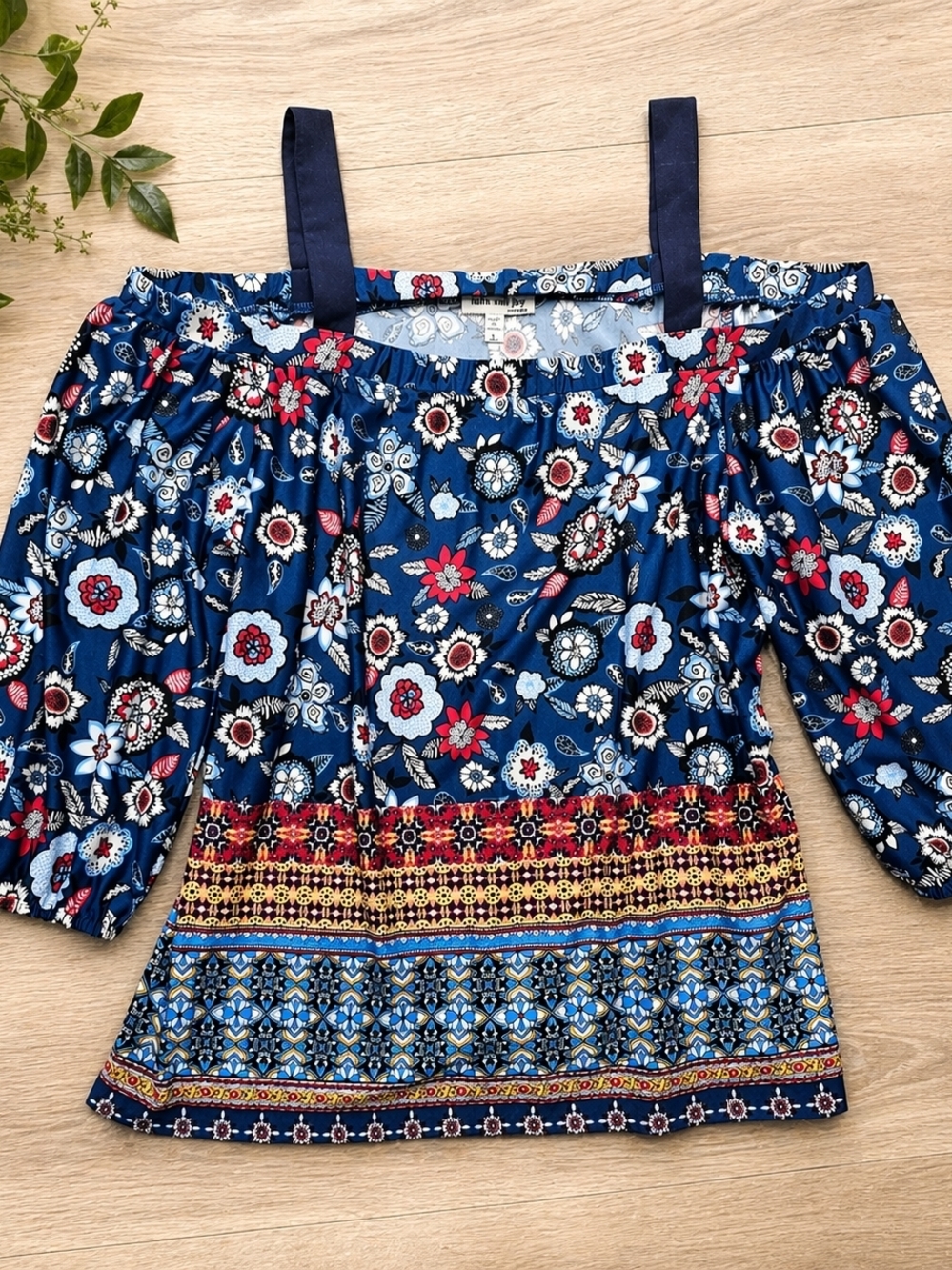 Faith & Joy Boho Floral Cold Shoulder Top L Blue Peasant Blouse